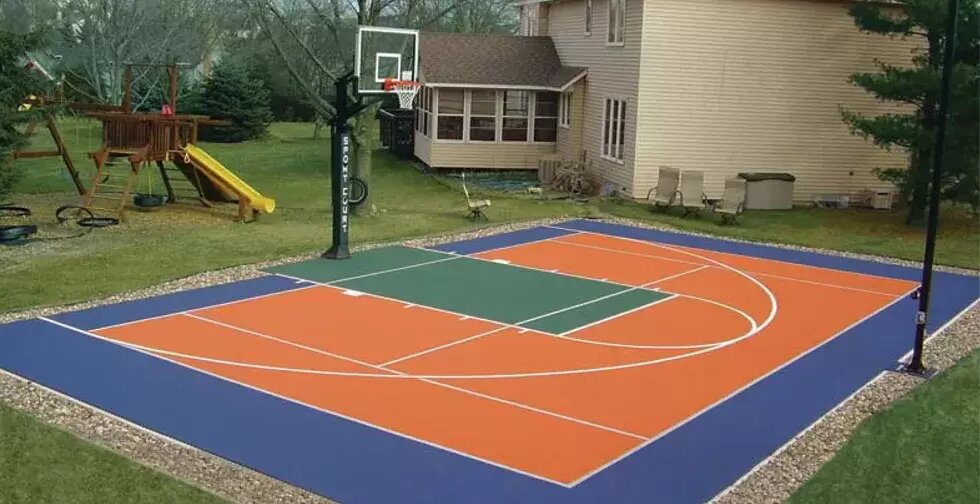Orange and navy backyard game court