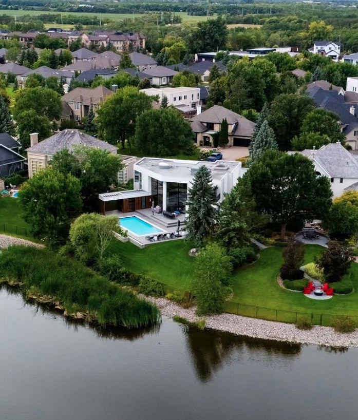 Aerial view of riverside property