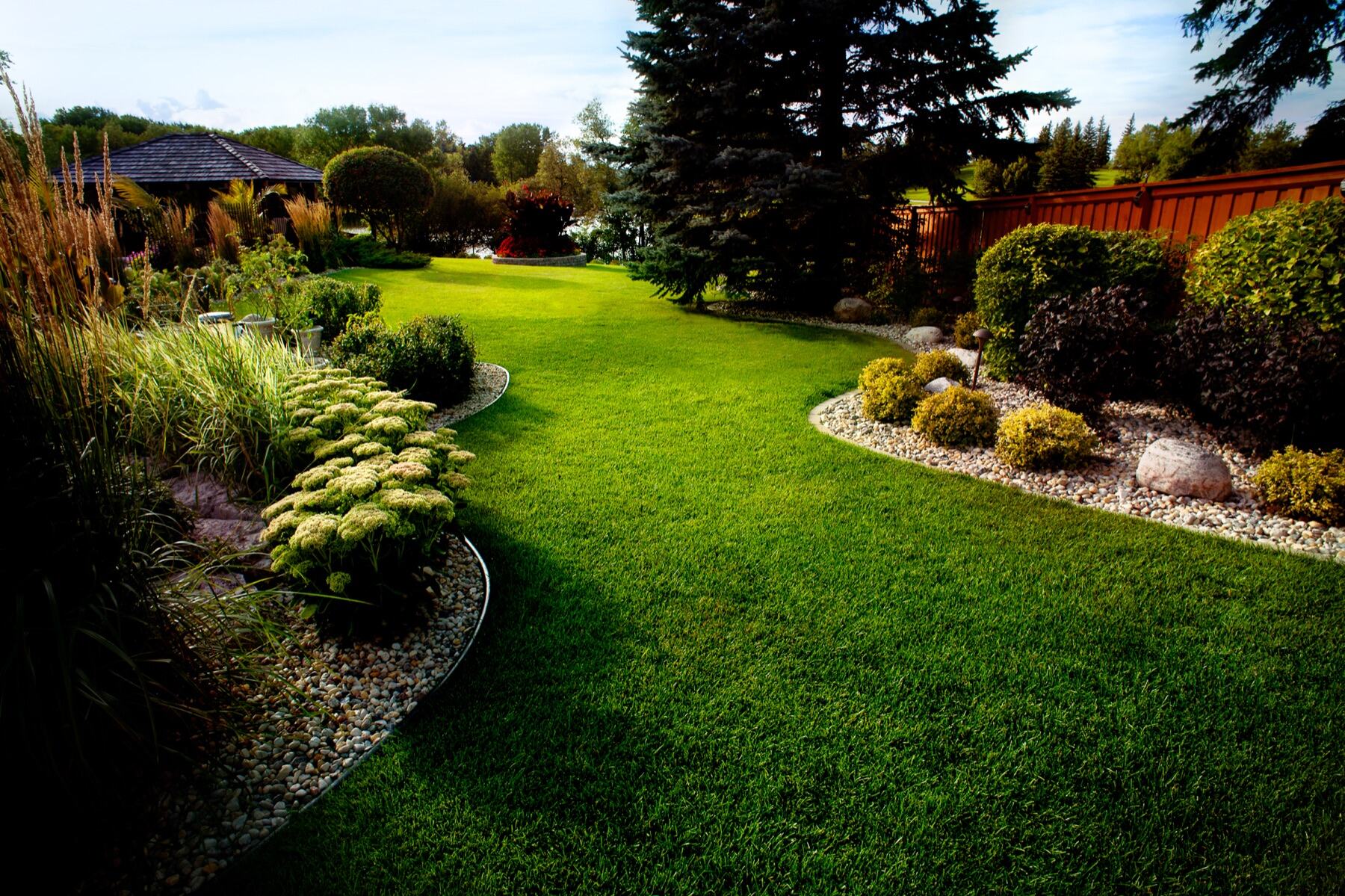 Curved garden beds around a manicured lawn