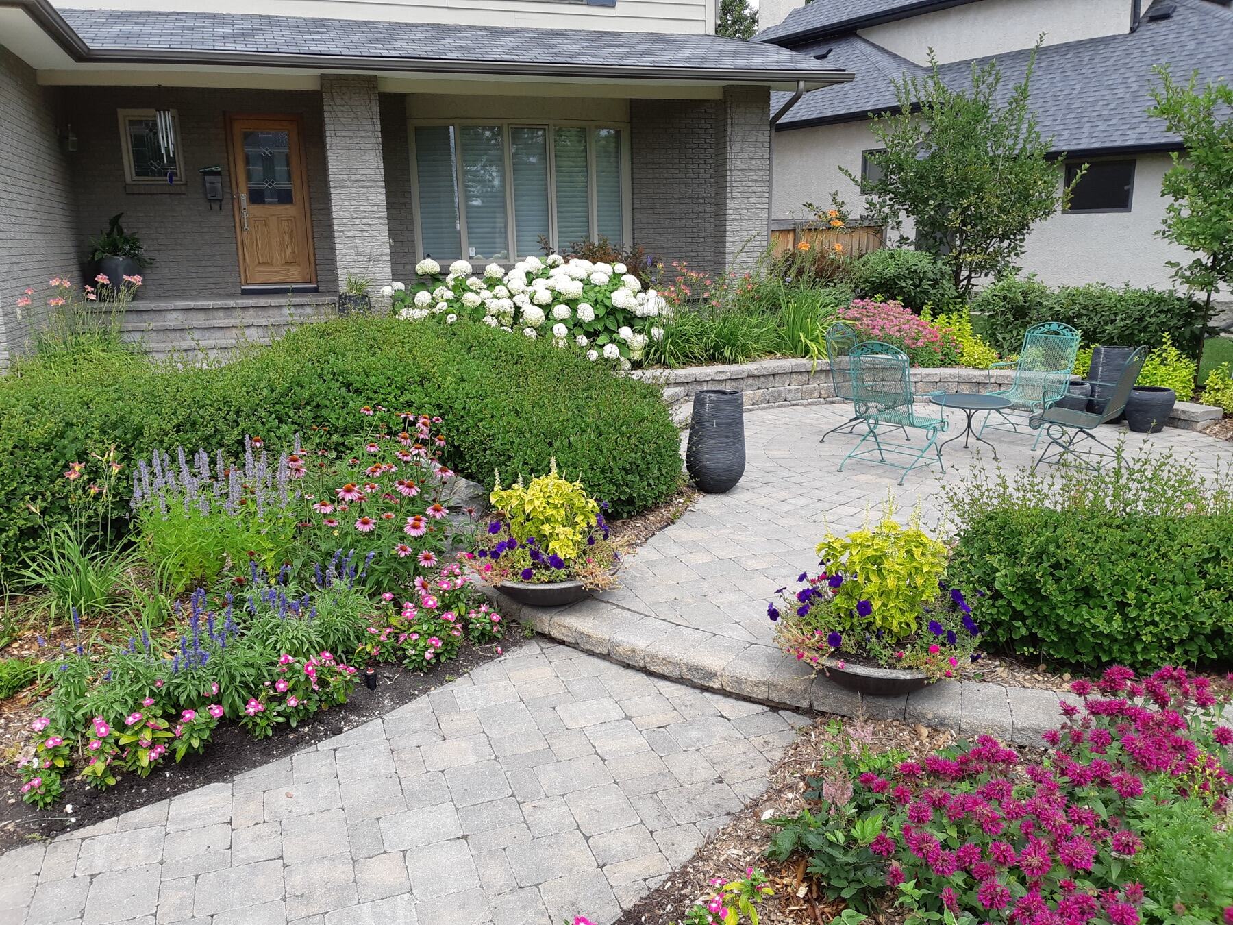 Front garden with stone walkway and perennial borders